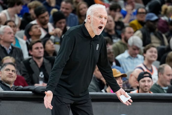 Jan 4, 2024; San Antonio, Texas, USA; San Antonio Spurs head coach Gregg Popovich yells out to players during the second half against the Milwaukee Bucks at Frost Bank Center.